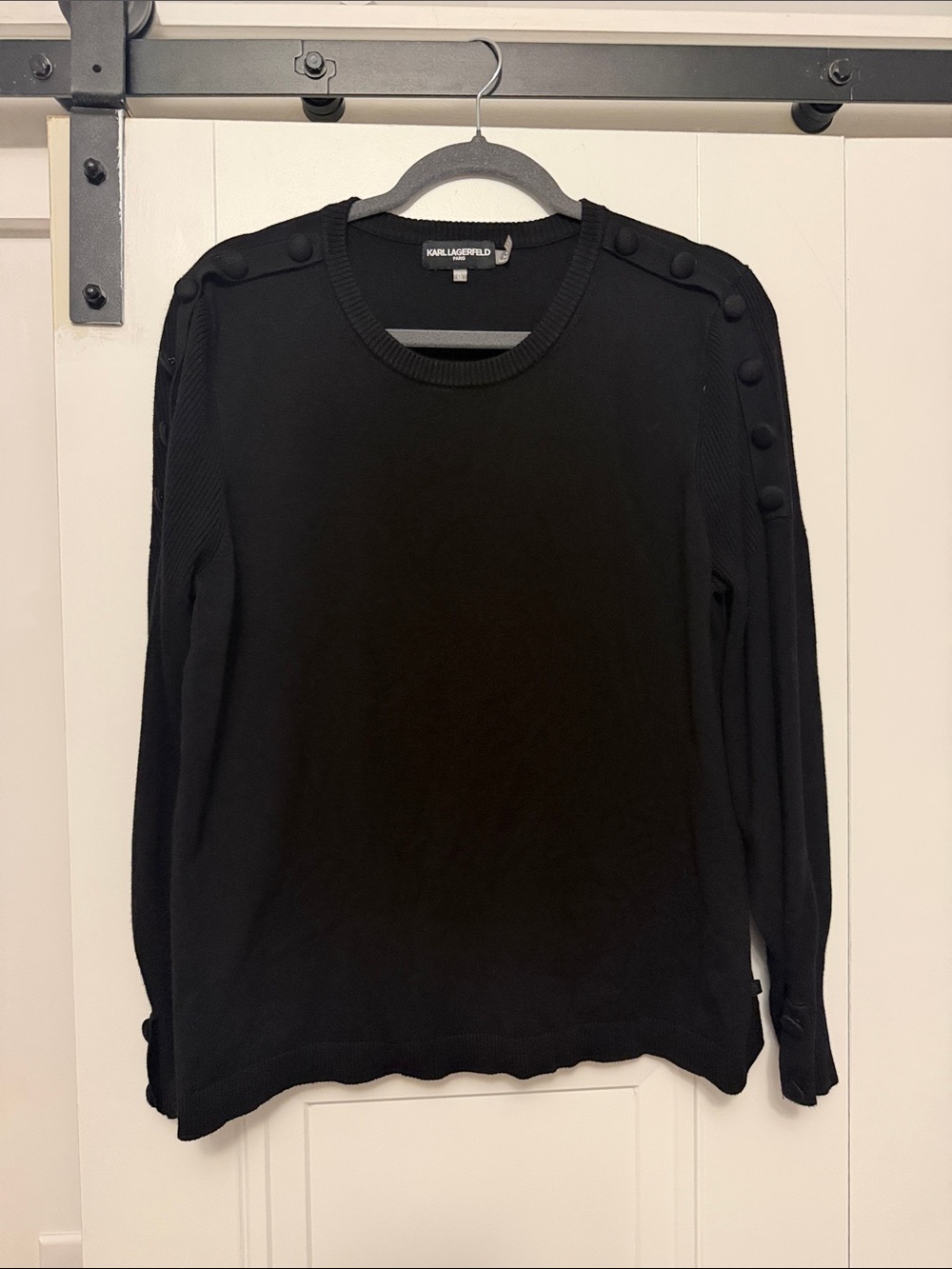 Karl Lagerfeld Black Crewneck Sweater with Shoulder Button Detail